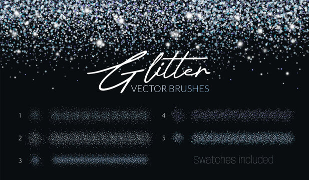 Glitter scatter brushes. Abstract grainy brushes. Creative design kit with sparkle effect, shiny grunge texture, paint splash. Swatches included. Editable size. Silver and blue strokes with shimmer.