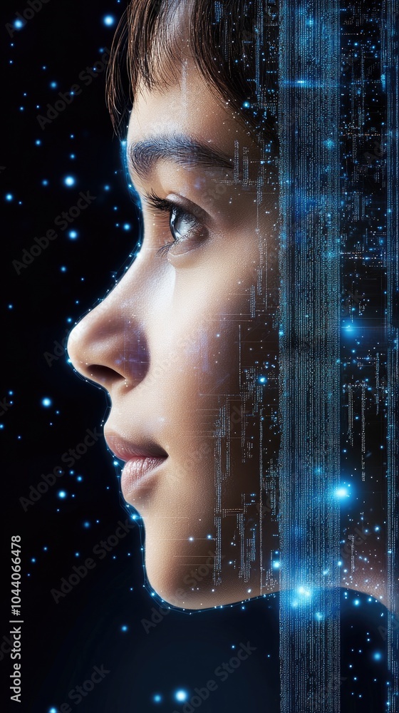 Poster the artwork features a black woman whose face displays flowing binary code, set against a vibrant bl