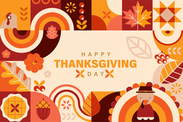 Happy Thanksgiving Day banner with geometric symbols of holiday-turkey,pumpkin,pie.Thanksgiving Autumn harvest sale 2024. Autumnal festive.Template for promotion,web,cards,flyers, posters,ad.Vector