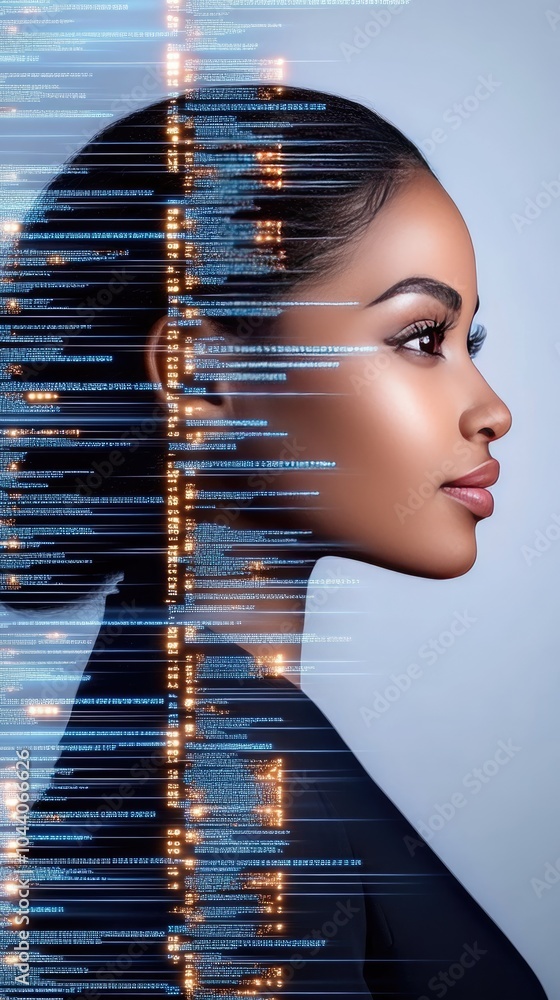 Aufkleber the artwork features a black woman whose face displays flowing binary code, set against a vibrant bl