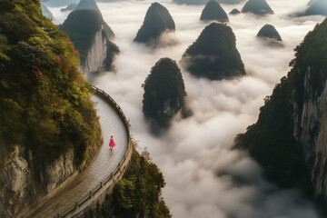 Fototapeta na wymiar Górski mglisty widok z trasą widokową - 025