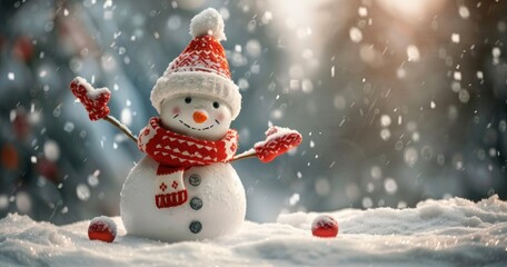 Fototapeta premium Smiling Snowman Wearing Knitted Hat and Scarf in Snowy Winter Landscape