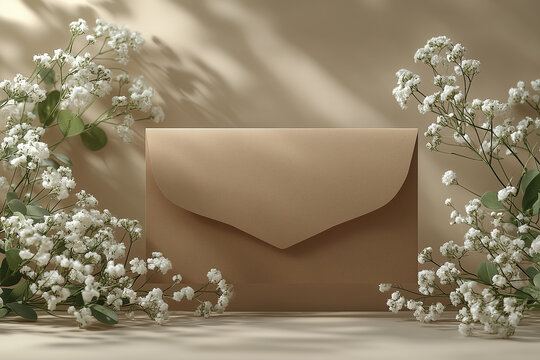 Wedding invitation card mockup with natural eucalyptus and white gypsophila twigs. Blank card mockup 