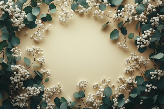 Wedding invitation card mockup with natural eucalyptus and white gypsophila twigs. Blank card mockup  - Powered by Adobe