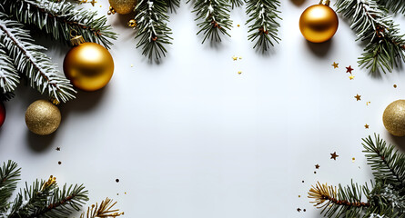 Gold and white Christmas ornaments with pine branches arranged in a frame around a white background, festive holiday decor