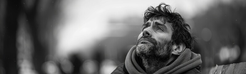 Man with a beard and a scarf on, homelessness, social issue background, banner, copy space