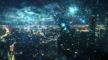 Fototapeta premium A digital collage of qubits swirling in a quantum computer, with interconnected nodes glowing in various shades of blue, overlaid on a complex cityscape at night. Quantum Cityscape. Illustration