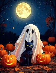 A small ghost with a black cat rubbing up against it at night with a full moon in the background in a pumpkin patch.