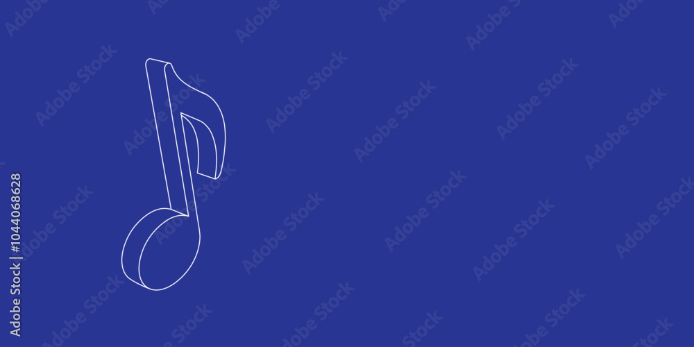 Poster the outline of a large musical note symbol made of white lines on the left. 3d view of the object in