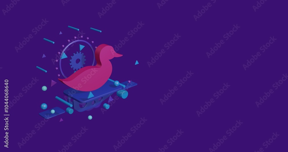 Poster pink duck symbol on a pedestal of abstract geometric shapes floating in the air. abstract concept ar