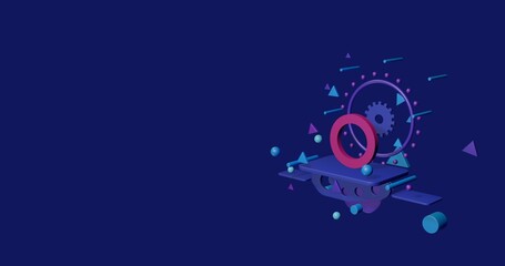 Fototapeta premium Pink circle symbol on a pedestal of abstract geometric shapes floating in the air. Abstract concept art with flying shapes on the right. 3d illustration on indigo background