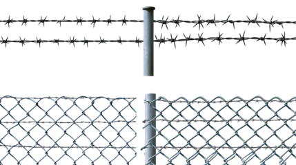 Metal Chain Link Fences and Barbed Wire on Clear Background Generative AI