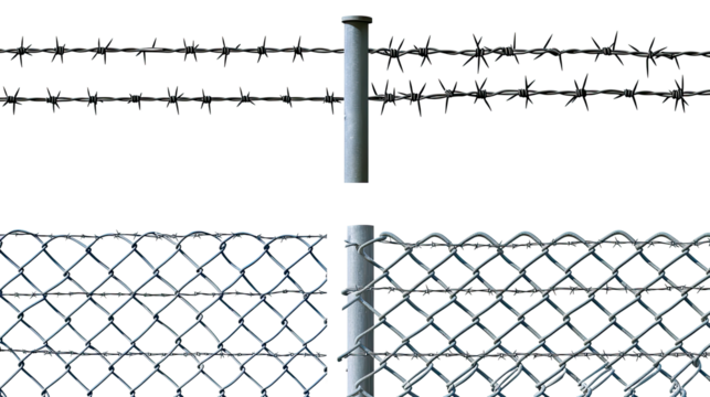 Metal Chain Link Fences and Barbed Wire on Clear Background Generative AI