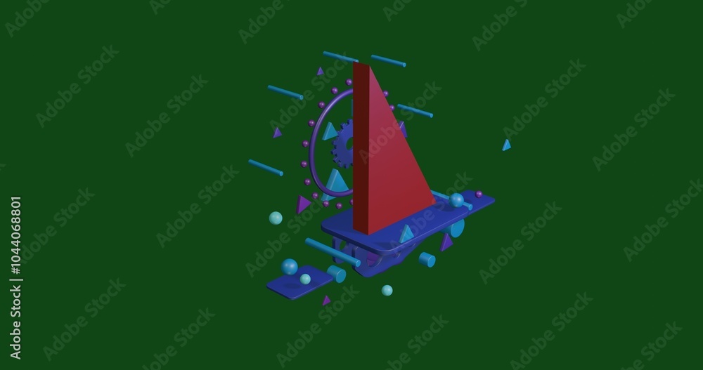 Poster red right triangle symbol on a pedestal of abstract geometric shapes floating in the air. abstract c