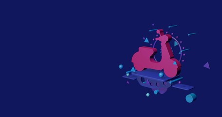Naklejka premium Pink scooter symbol on a pedestal of abstract geometric shapes floating in the air. Abstract concept art with flying shapes on the right. 3d illustration on indigo background