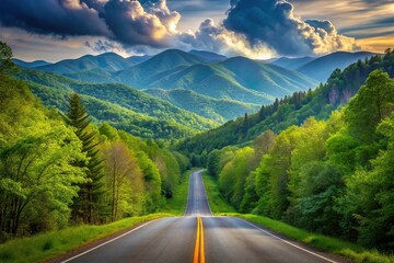 Scenic road leading towards Great Smoky Mountains National Park in Tennessee with shallow depth of field