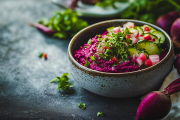 Red beetroot humus with fresh vegetables, healthy vegetable dish