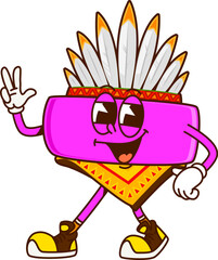 Cartoon groovy indian math minus sign character. Vector native american apache chief personage wears feathered hat and tribal attire, flashing peace sign, ready for educational adventure at Wild West