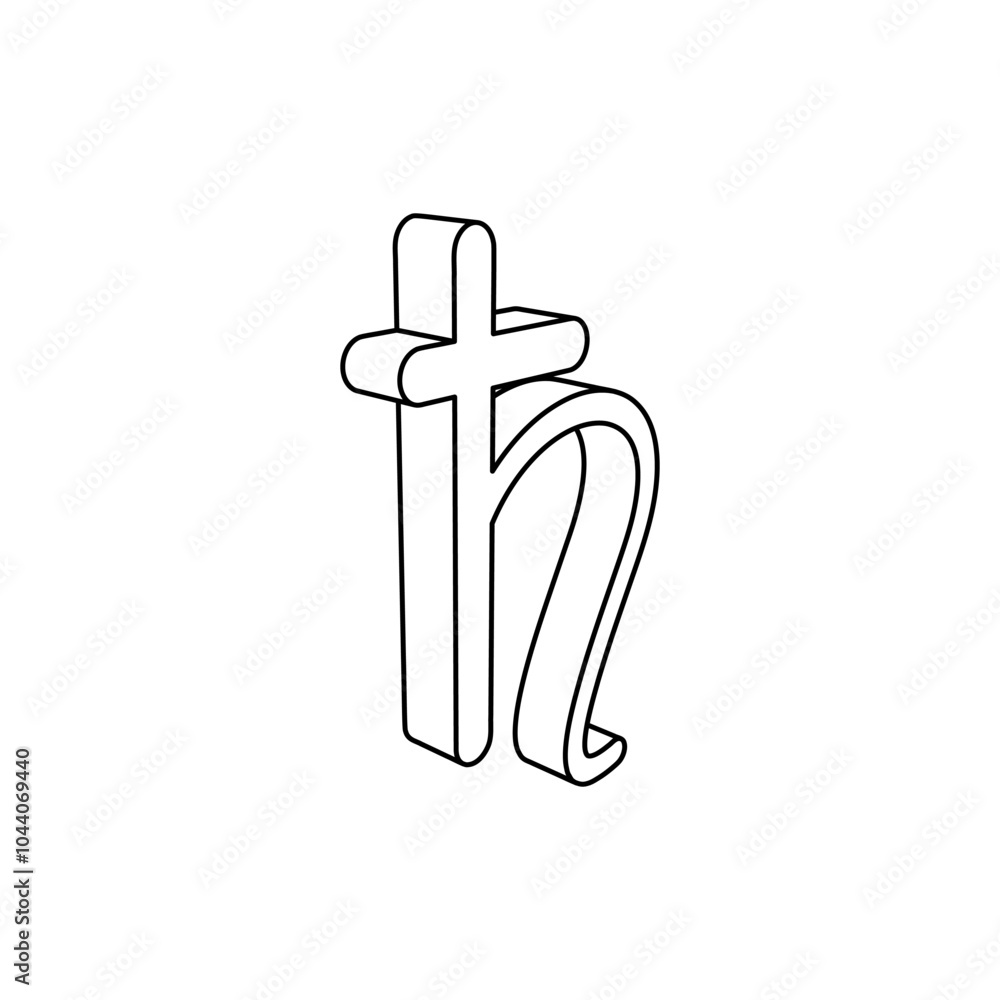 Poster the outline of a large astrological saturn symbol is made with black lines. 3d view of the object in