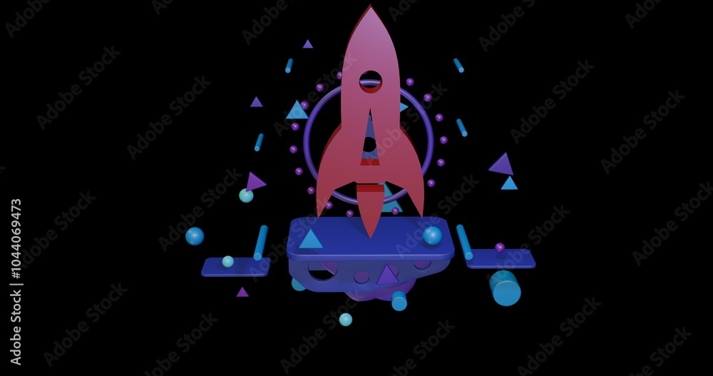 Poster red rocket on a pedestal of abstract geometric shapes floating in the air. abstract concept art with