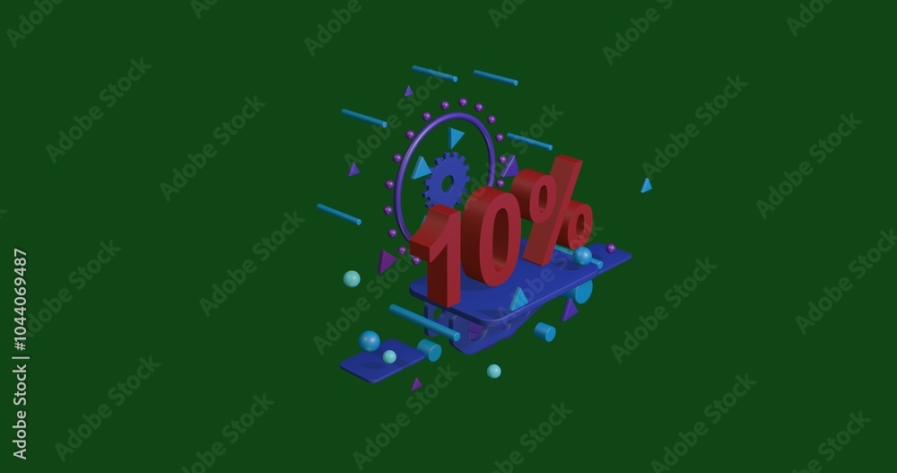 Poster red 10 percent symbol on a pedestal of abstract geometric shapes floating in the air. abstract conce
