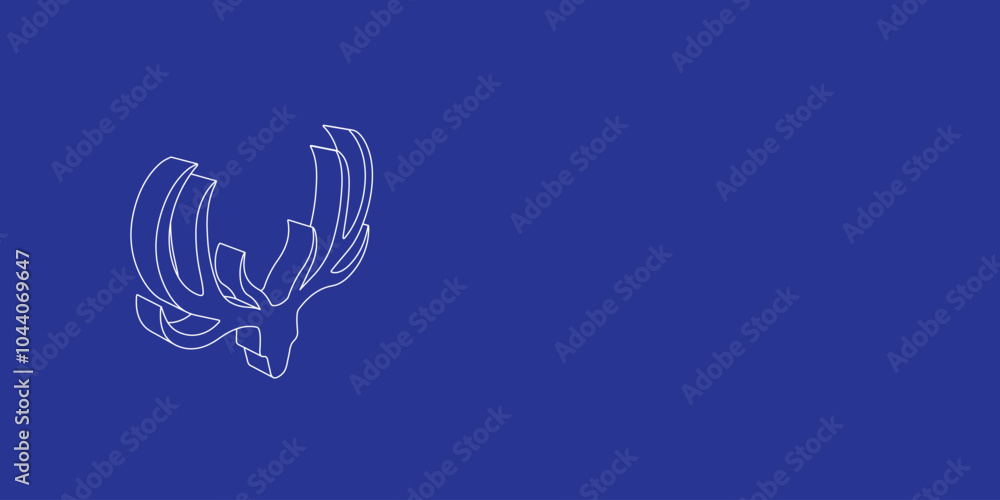 Poster the outline of a large deer horns symbol made of white lines on the left. 3d view of the object in p