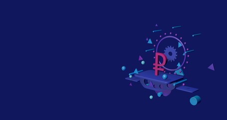 Naklejka premium Pink ruble symbol on a pedestal of abstract geometric shapes floating in the air. Abstract concept art with flying shapes on the right. 3d illustration on indigo background