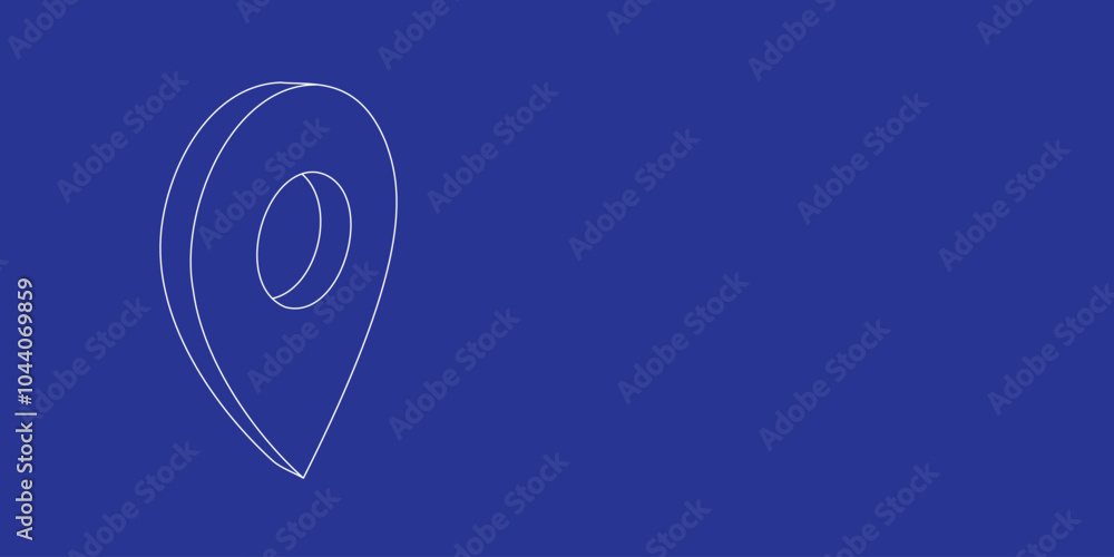 Poster the outline of a large location symbol made of white lines on the left. 3d view of the object in per