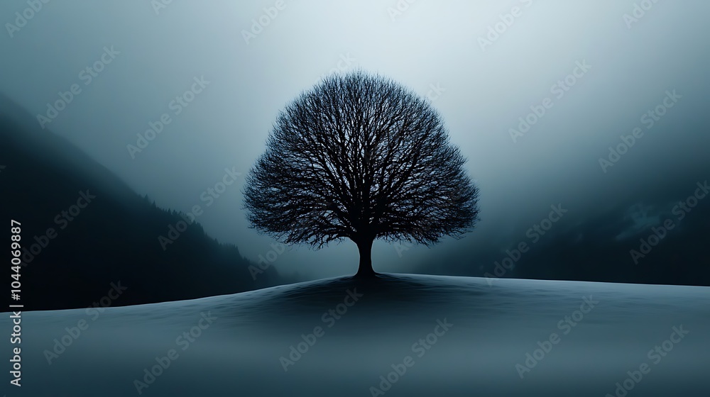 Poster silhouette of a tree in a snowy field.