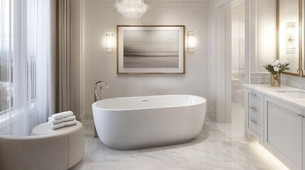 A modern bathroom showcases a sleek freestanding tub surrounded by elegant wall sconces and minimalistic decor, creating a calming and sophisticated atmosphere