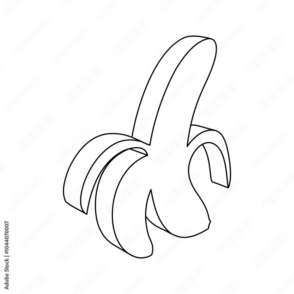 Poster the outline of a large peeled banana symbol is made with black lines. 3d view of the object in persp