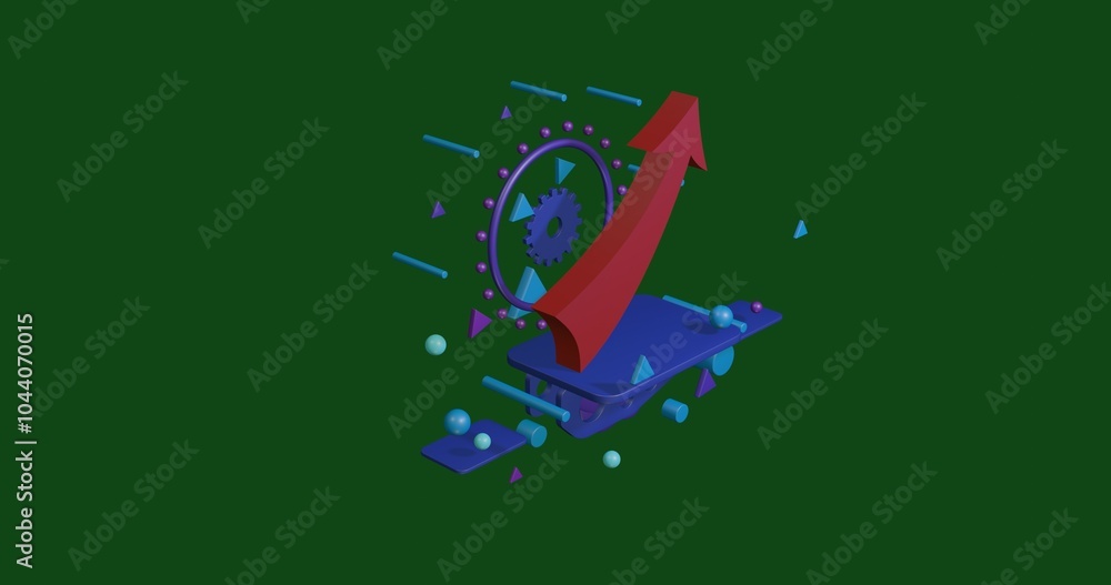 Poster red up arrow on a pedestal of abstract geometric shapes floating in the air. abstract concept art wi