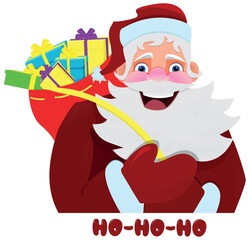 Santa carries a bag with gifts. Upcoming New Year holiday and Santa costume. Shopping delivery for customers. Comic character vector hand drawn illustration.