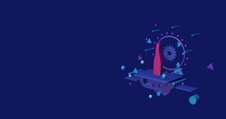 Fototapeta premium Pink champagne symbol on a pedestal of abstract geometric shapes floating in the air. Abstract concept art with flying shapes on the right. 3d illustration on indigo background