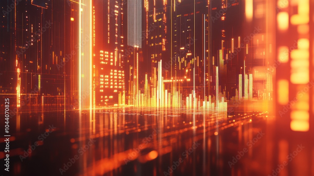 Poster abstract digital landscape with glowing lines and structures in red and orange hues.