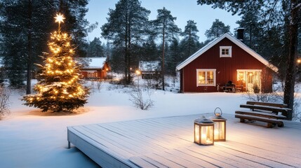 A beautifully decorated Christmas tree gleams beside a lantern on a snowy deck, with a charming cabin and wintry landscape creating a serene atmosphere