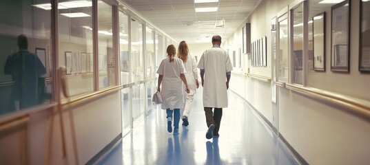 Medical Team of Three Walking down Hospital Corridor, Emphasizing. Teamwork and Collaboration