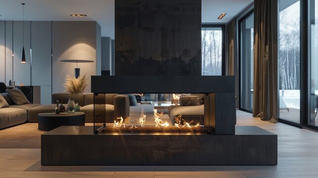 A twosided fireplace sits in the center of a spacious room its black metal frame and minimalistic design perfectly complementing the surrounding modern d&Atilde;&copy;cor. The fire 2d flat cartoon.