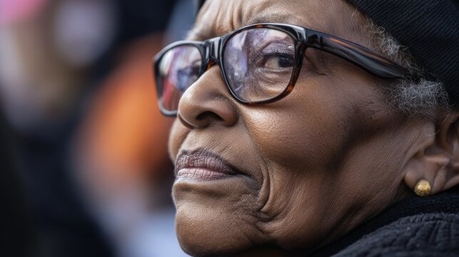 The expression of an elderly activist participating in a civil rights demonstration, Symbolizing lifelong commitment to social justice, close-up photography style