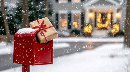 A vibrant red mailbox stands filled with neatly wrapped presents as snow falls softly around it, creating a cozy holiday atmosphere in a peaceful winter setting