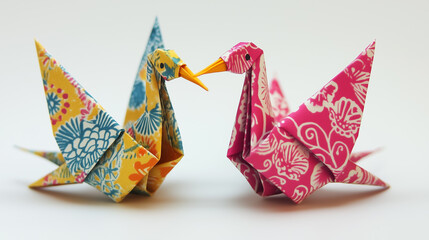 Two beautifully folded origami cranes in vibrant colors are placed together, representing love and companionship