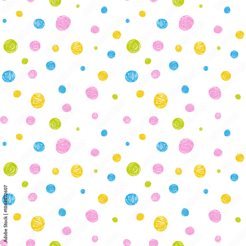 Poster abstract colorful polka dot seamless pattern. random colored dots on white background. chalk crayon 