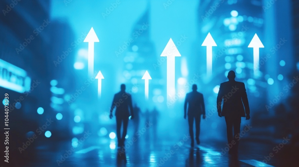 Poster silhouetted figures in suits walking towards a cityscape with upward arrows symbolizing progress.