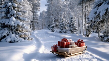 A wooden sled filled with neatly wrapped gifts is placed on a snowy path, surrounded by trees that are dusted with fresh snow, creating a serene winter landscape