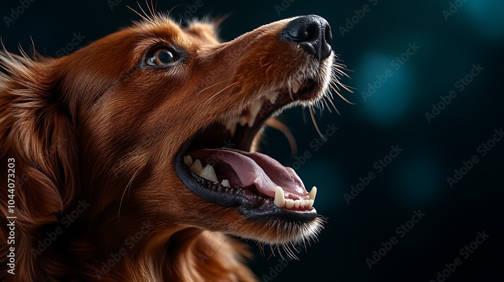 Poster close-up portrait of a red dog with its mouth open, looking up with a curious expression.