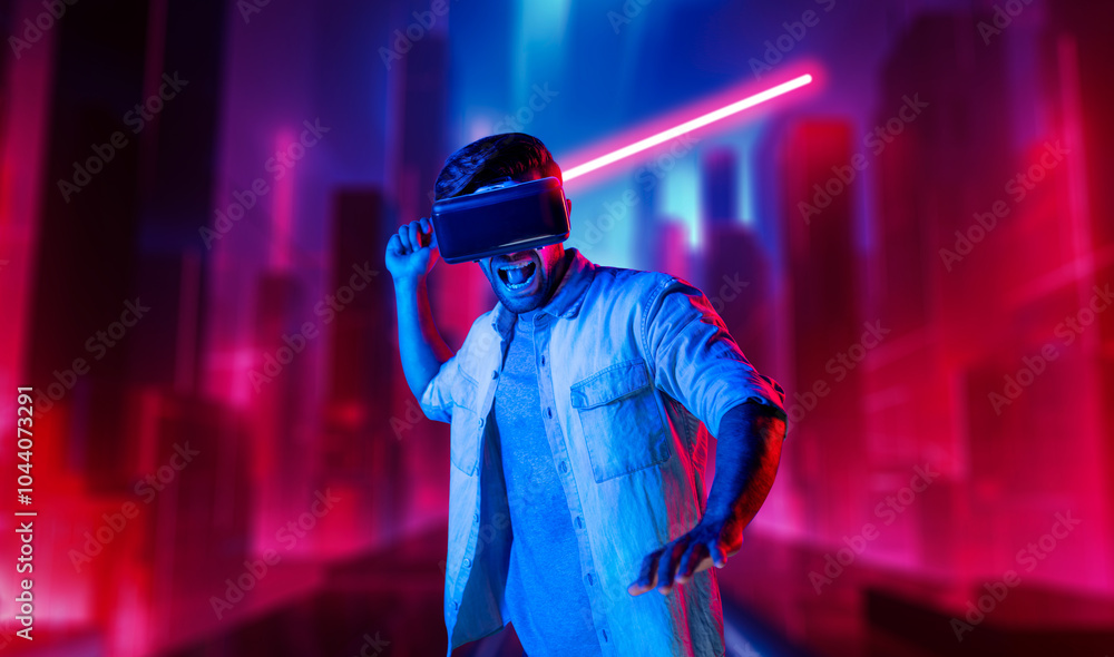 Aufkleber gamer holding laser sword and playing action game while wearing vr glasses. caucasian man using visu