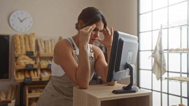 Young woman working in a bakery looks stressed while using a computer