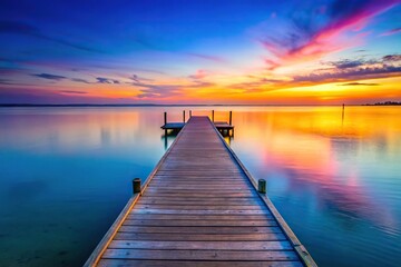 Fototapeta premium Scenic silhouette of colorful dock at sea against vanilla twilight sky