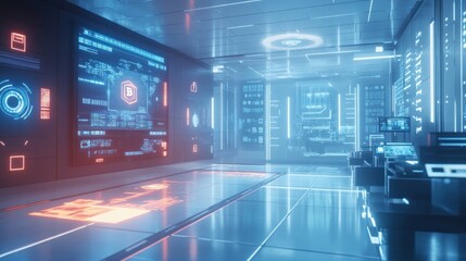 Futuristic digital workspace with glowing screens and advanced technology.