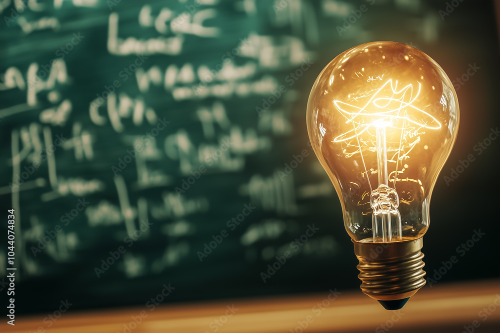Aufkleber an illuminated light bulb hangs above a blackboard covered with various mathematical equations and t